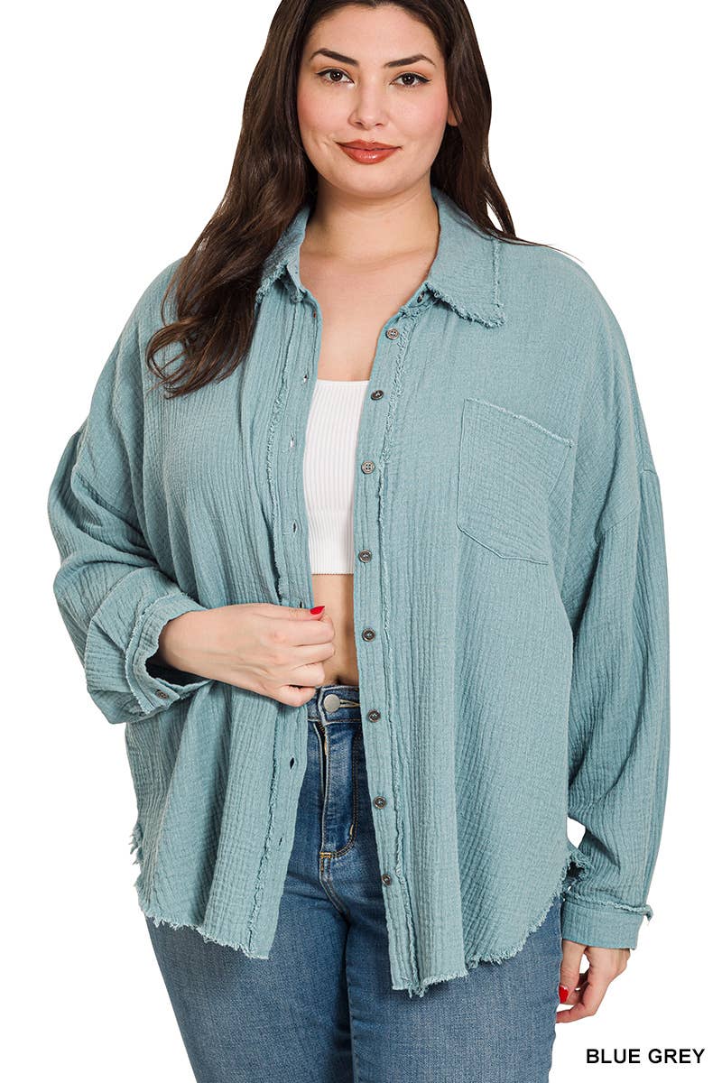 42POPS - Wholesale Shirt - Women's - ,...._ 0702 Plus Oversized Raw Edge Shirt SI-23811