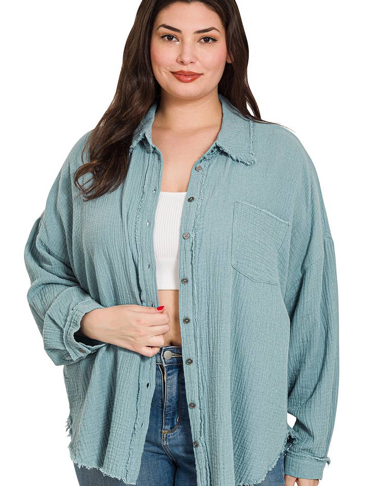 42POPS - Wholesale Shirt - Women's - ,...._ 0702 Plus Oversized Raw Edge Shirt SI-238110
