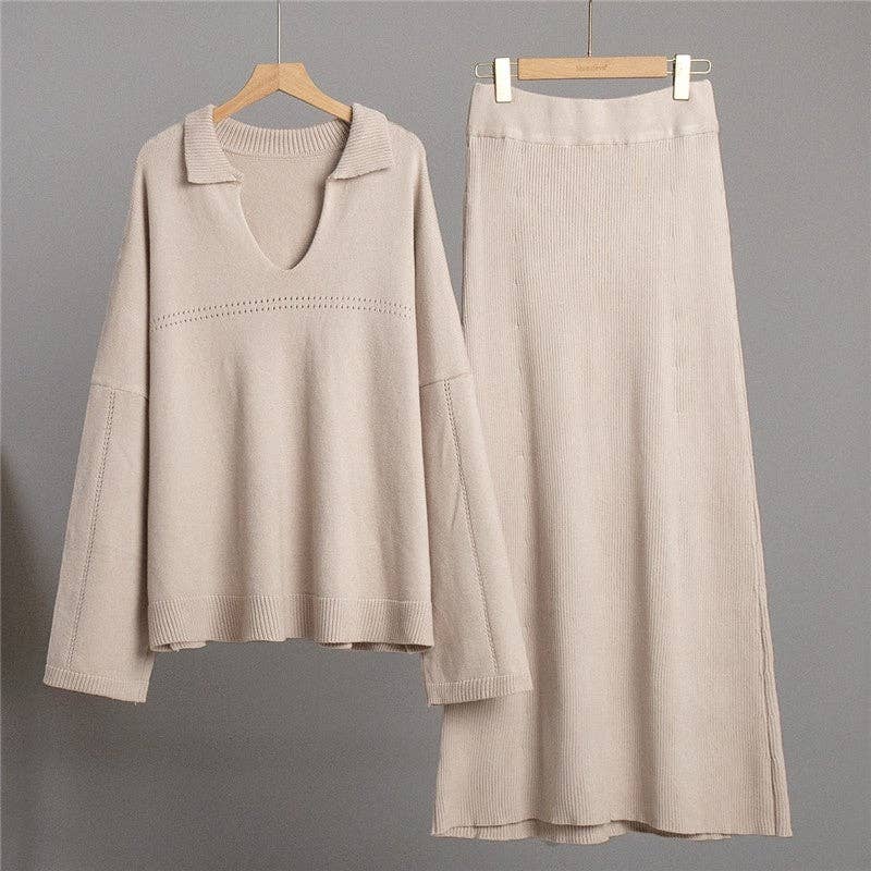 Sheer Trend - Wholesale Top & Skirt Set - Women's - Solid V-Neck Sweater Skirt Set7