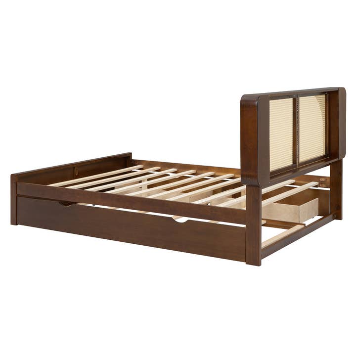 HOMYCASA DESIGN INC - Wholesale Bed - Queen Size Rattan Headboard Bed with Two Drawers and Trundle, Walnut4