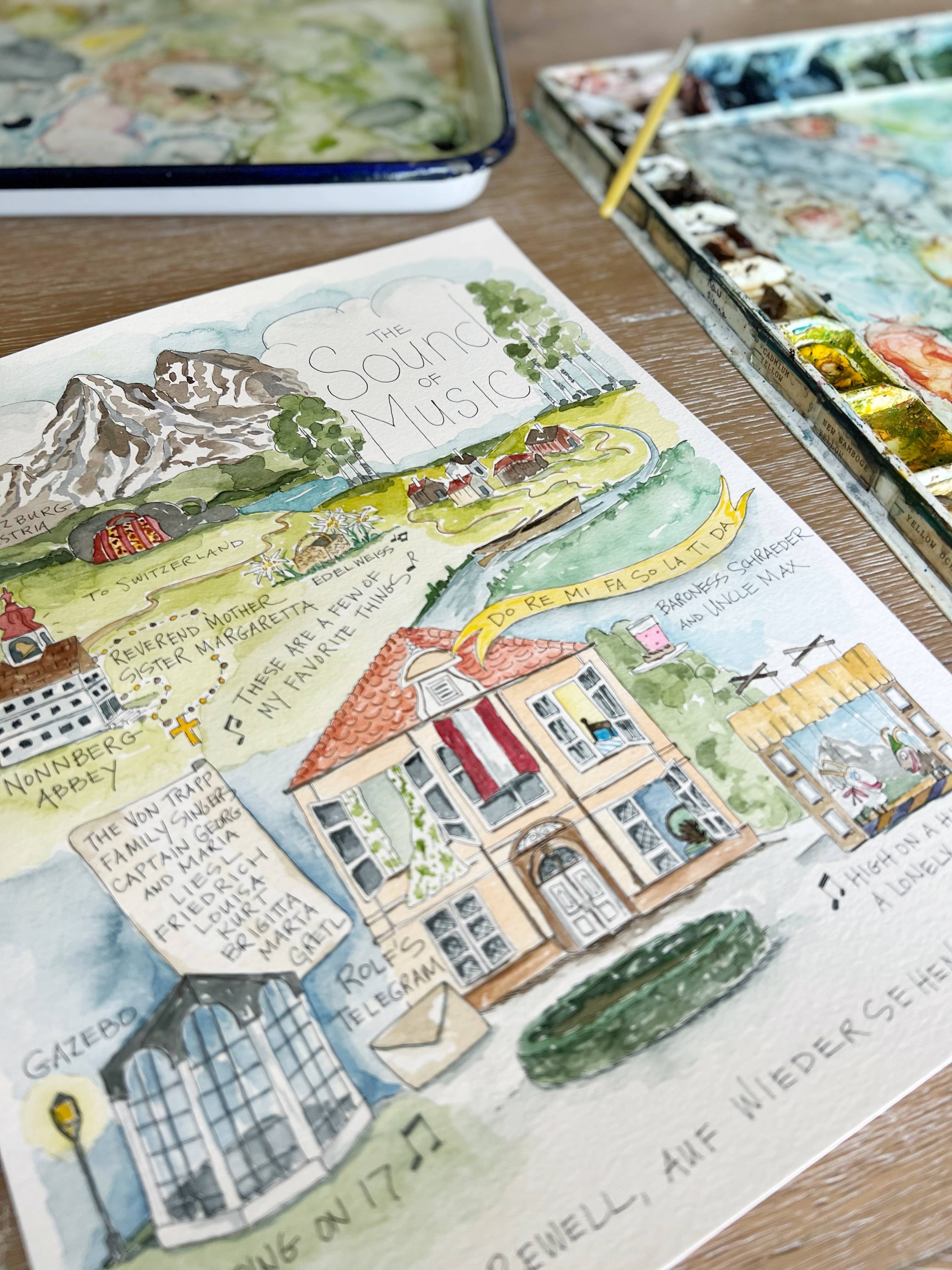 Elizabeth Wade Studio - Wholesale Art Print - The Sound of Music Watercolor Story Map Print2