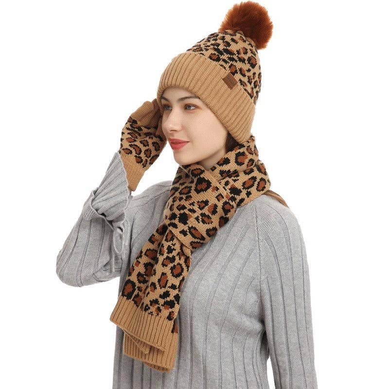 ShieldChic - Wholesale Winter Accessory Set - Women's - Leopard Print Warm Wool Hat Scarf Gloves Three-Piece Set8