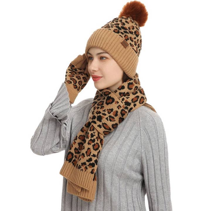 ShieldChic - Wholesale Winter Accessory Set - Women's - Leopard Print Warm Wool Hat Scarf Gloves Three-Piece Set8