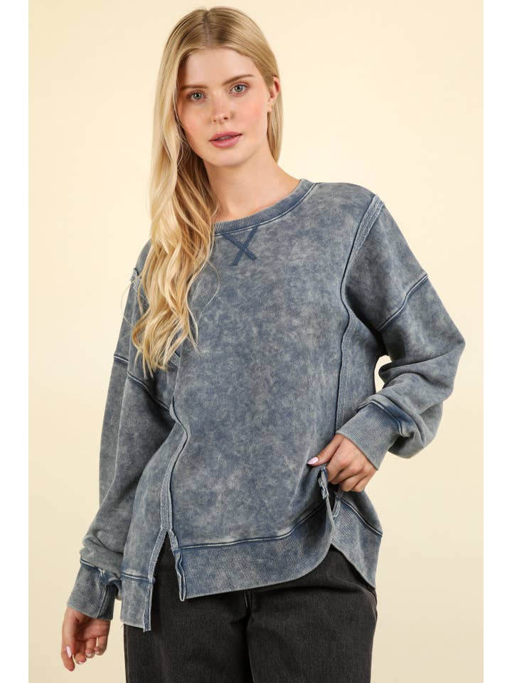 VERY J - Wholesale Knit Top - Women's - NT11399-Mineral Washed French Terry Oversized Knit Top
