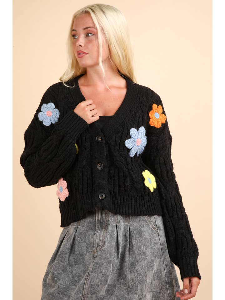 VERY J - Wholesale Cardigan - Women's - 12W3110NX-PLUS SIZE Hand-Made Flower Applique Knit Cardigan