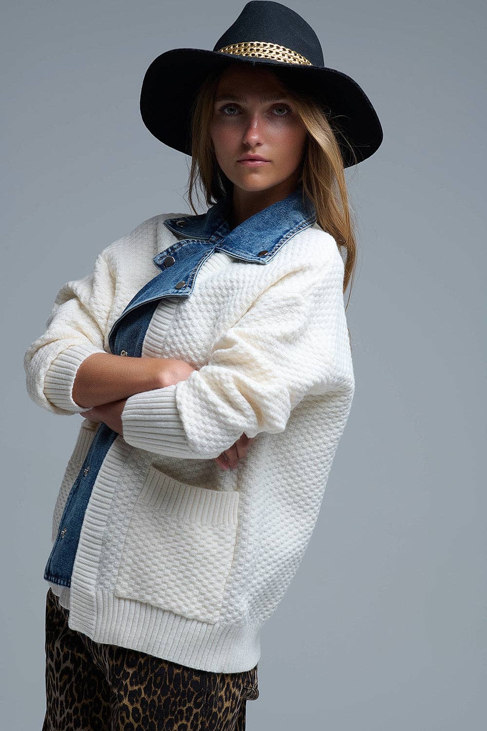 CREAM Waffle Knit Cardigan in White with Blue Chunky Denim inside for wholesale on Faire3