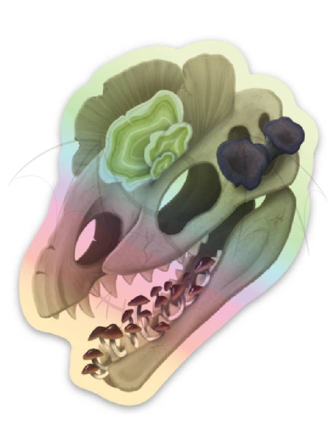 Teschio di dilofosauro fungino - Adesivo olografico fustellato per la vendita all'ingrosso da parte di Two Twisted Dragons