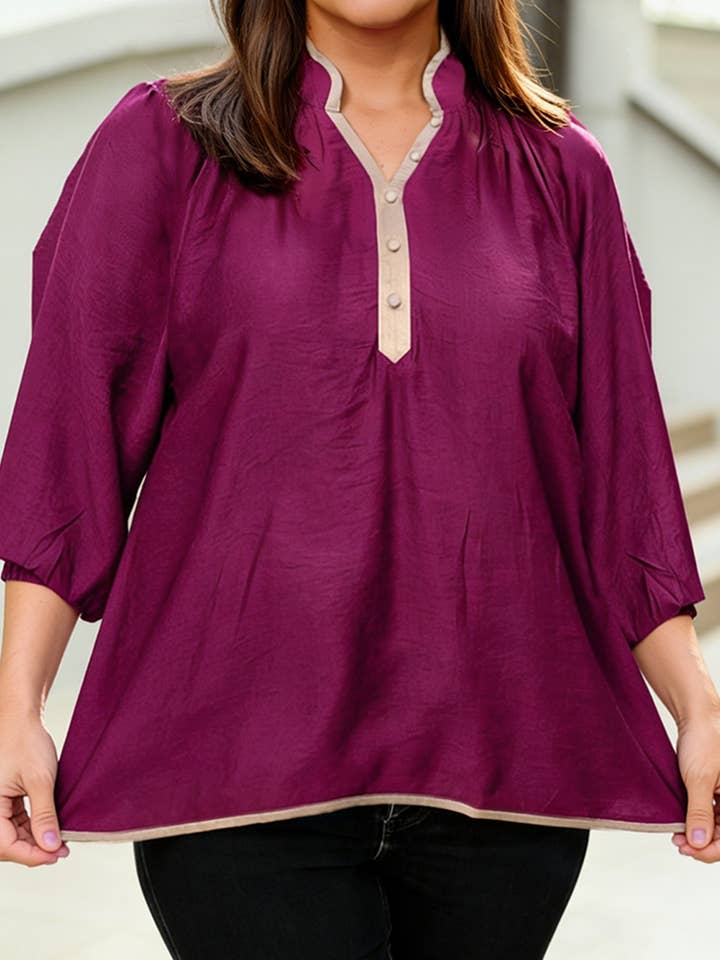 Contrast Trim Button V Neck Puffy Bracelet Sleeve Blouse for wholesale by 1 the Woman