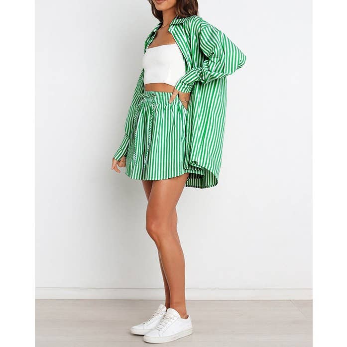 Mapcie - Wholesale Top & Pant Set (NOT Loungewear) - Women's - Striped Oversized Shirt and Drawstring Shorts Set11