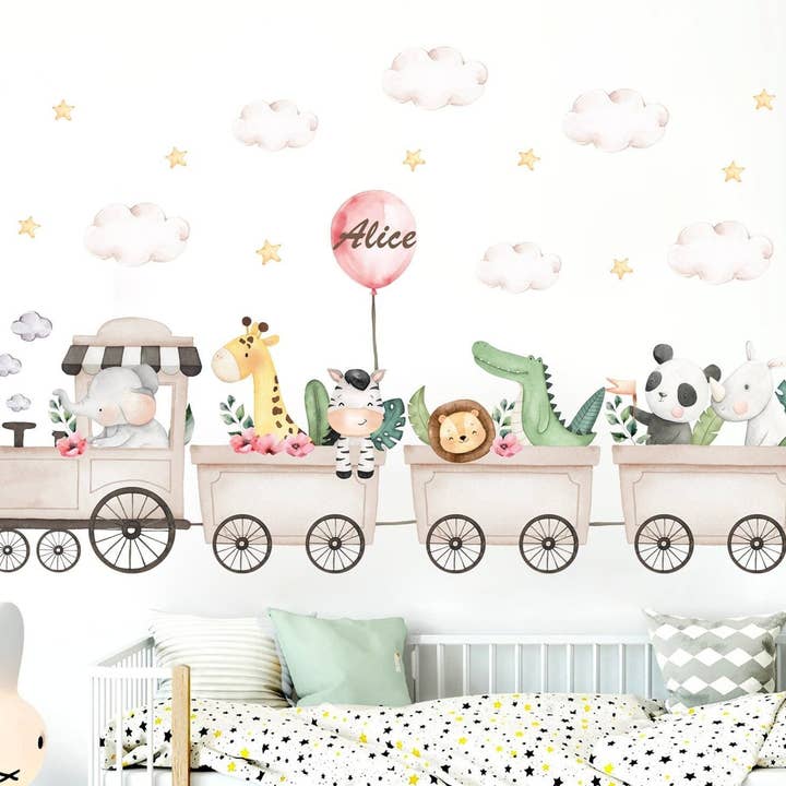Adesivo da parete Safari Train Adventure - Elefante Giraffa Ippopotamo Zebra Leone con nuvole e stelle - BR445 per la vendita all'ingrosso da parte di WallKoala