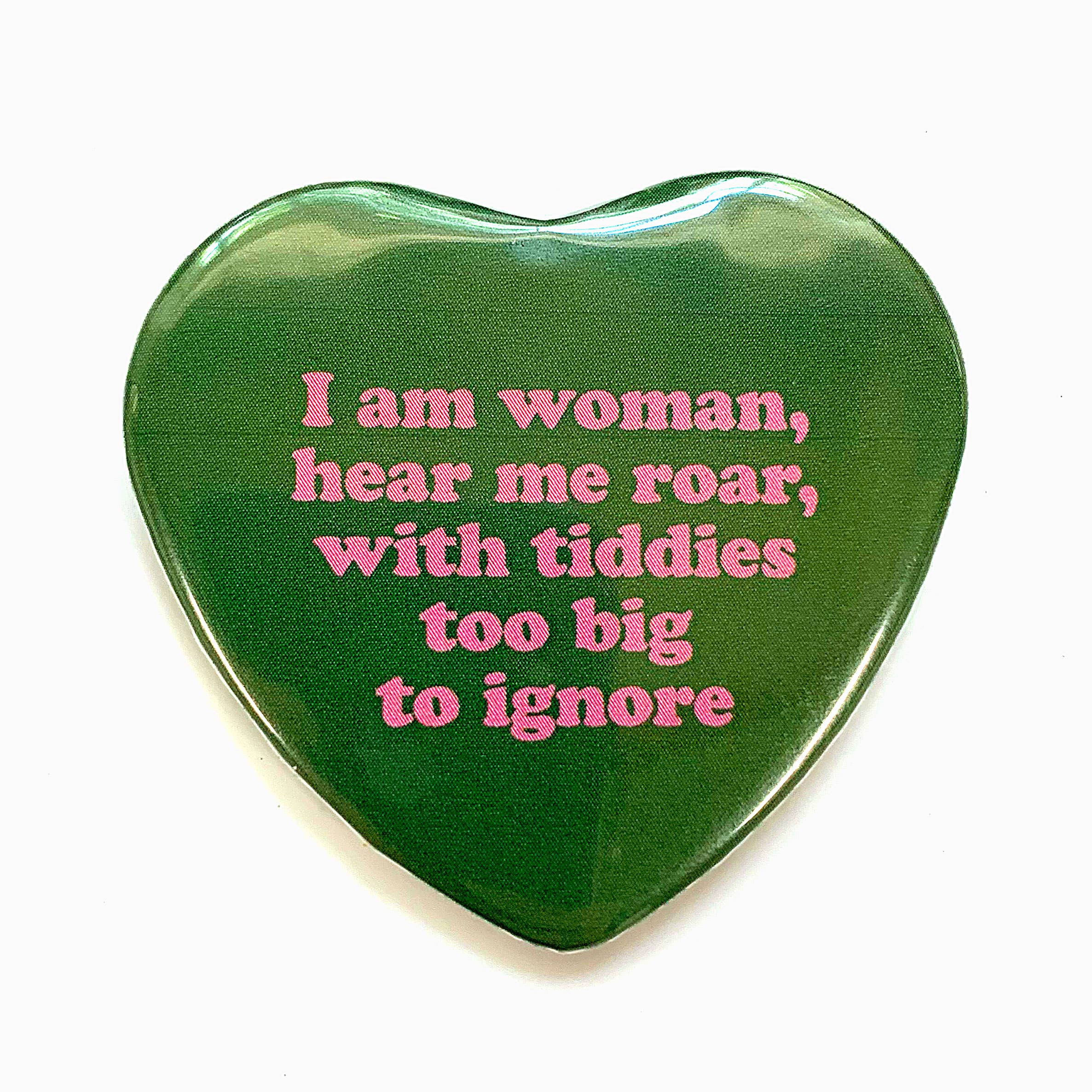 Krystan Saint Cat - Wholesale Lapel Pin/Button - I Am Woman With Big Tiddies Heart Shaped Pinback Button