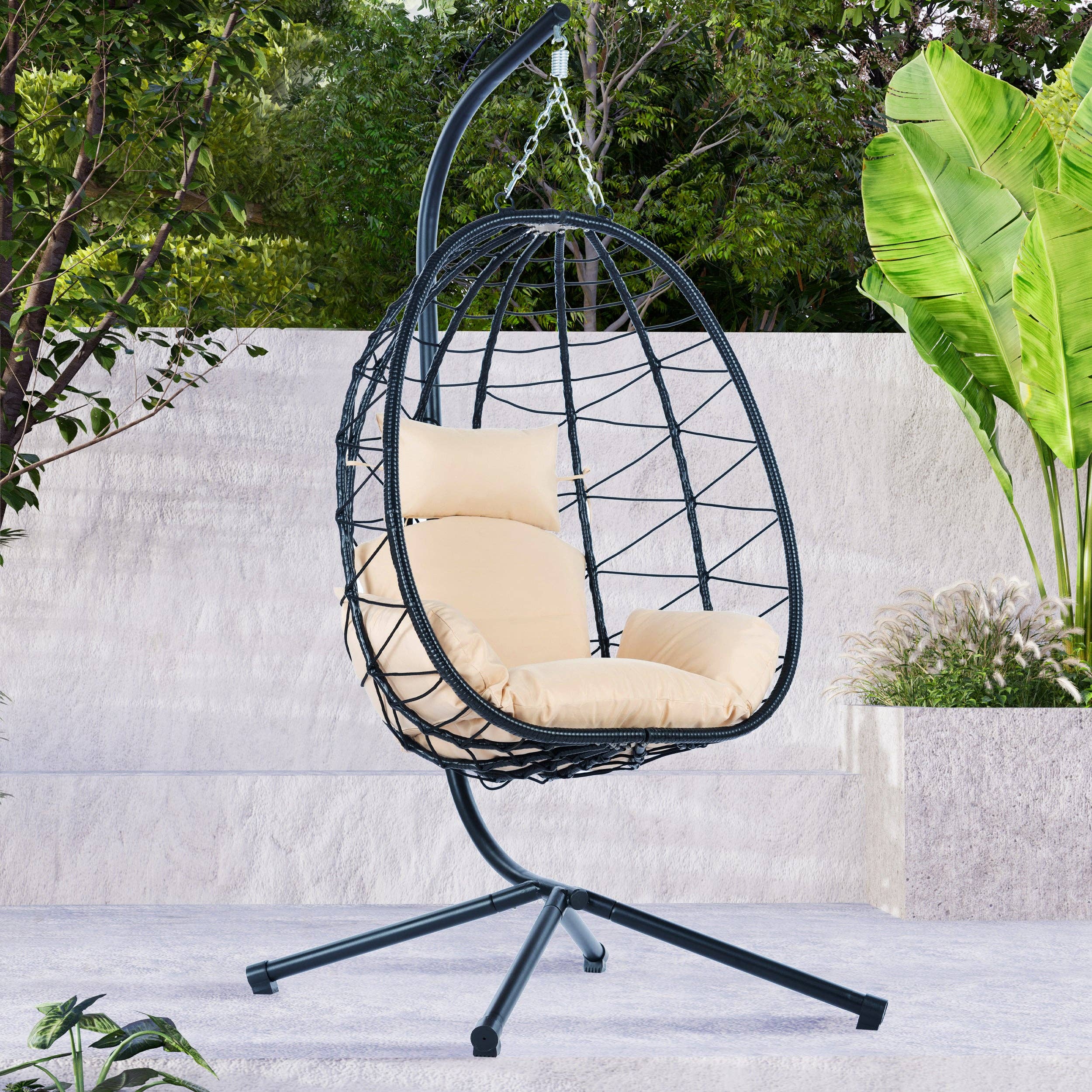 39F Inc. - Wholesale Egg Chair - Beige Wicker Hanging Egg Chair with Stand for Indoor Outdoor0