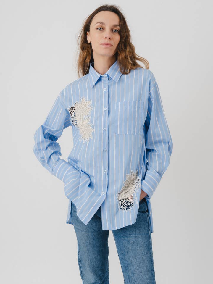 Embroidered striped cotton shirt with lace pattern for wholesale by JULIA PARIS