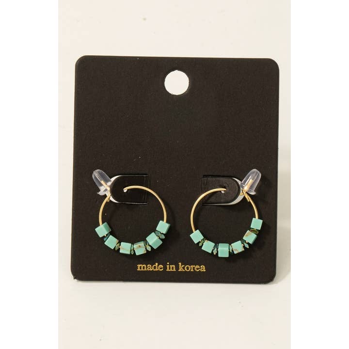 Fame Accessories - Wholesale Hoop Earrings - Stone Cube Beads Dainty Wire Hoop Earrings