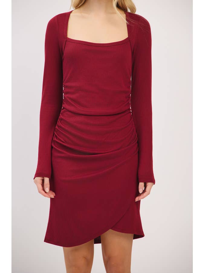 Heart & Hips - Wholesale Dress - Women's - RD54465LB - SQUARE NECK ALLOVER RUCHED LS OVERLAP-SKIRT DRES4