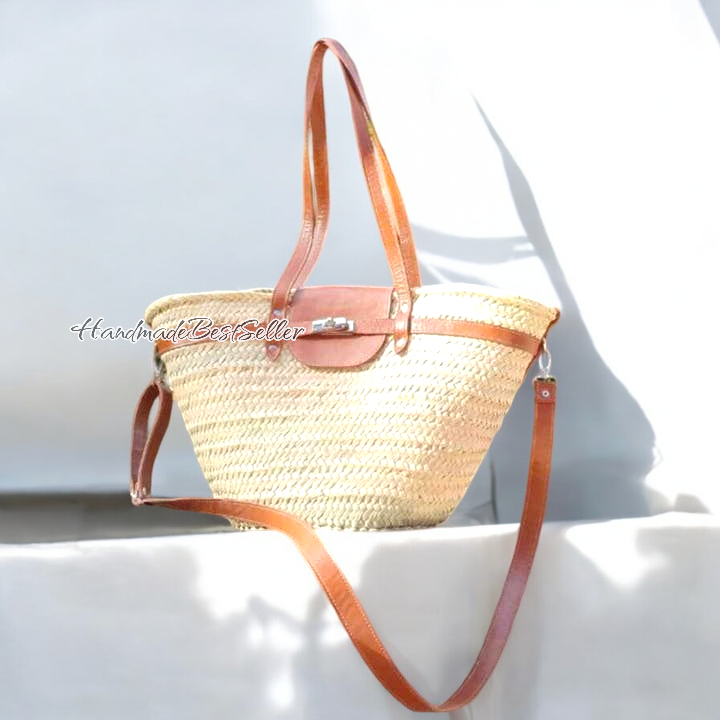 HandmadeBestSeller - Vente Paniers - Sac en paille marocain tissé à la main avec sangles en cuir et fermeture2