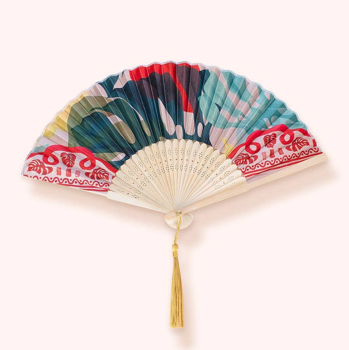 Green *SS26* Satin Fan - Exotic Leaves for wholesale on Faire0