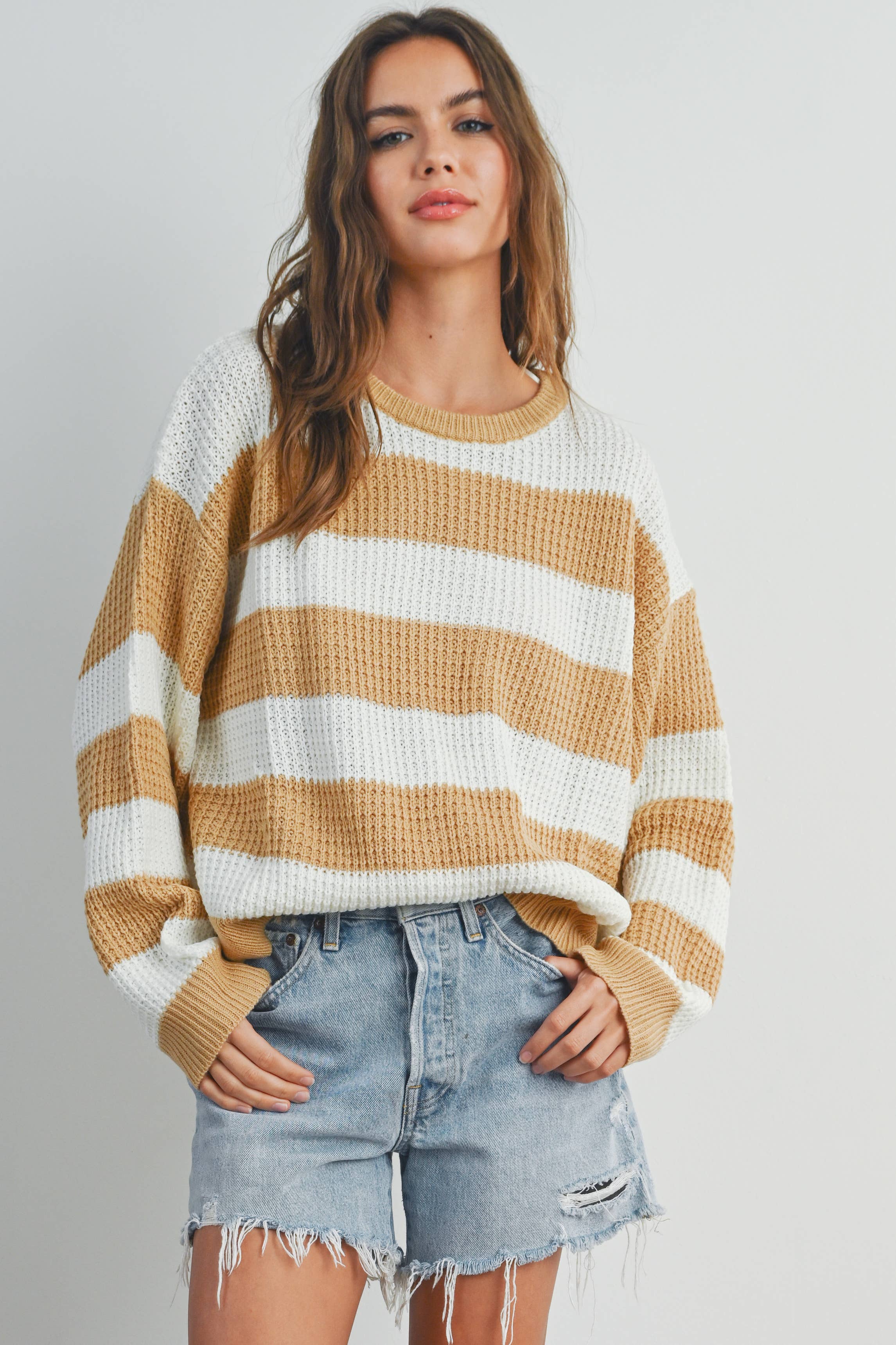 BUTTERMELON - Wholesale Knit Sweater - Women's - Striped Round Neck Long Sleeve Sweater - BMW732915