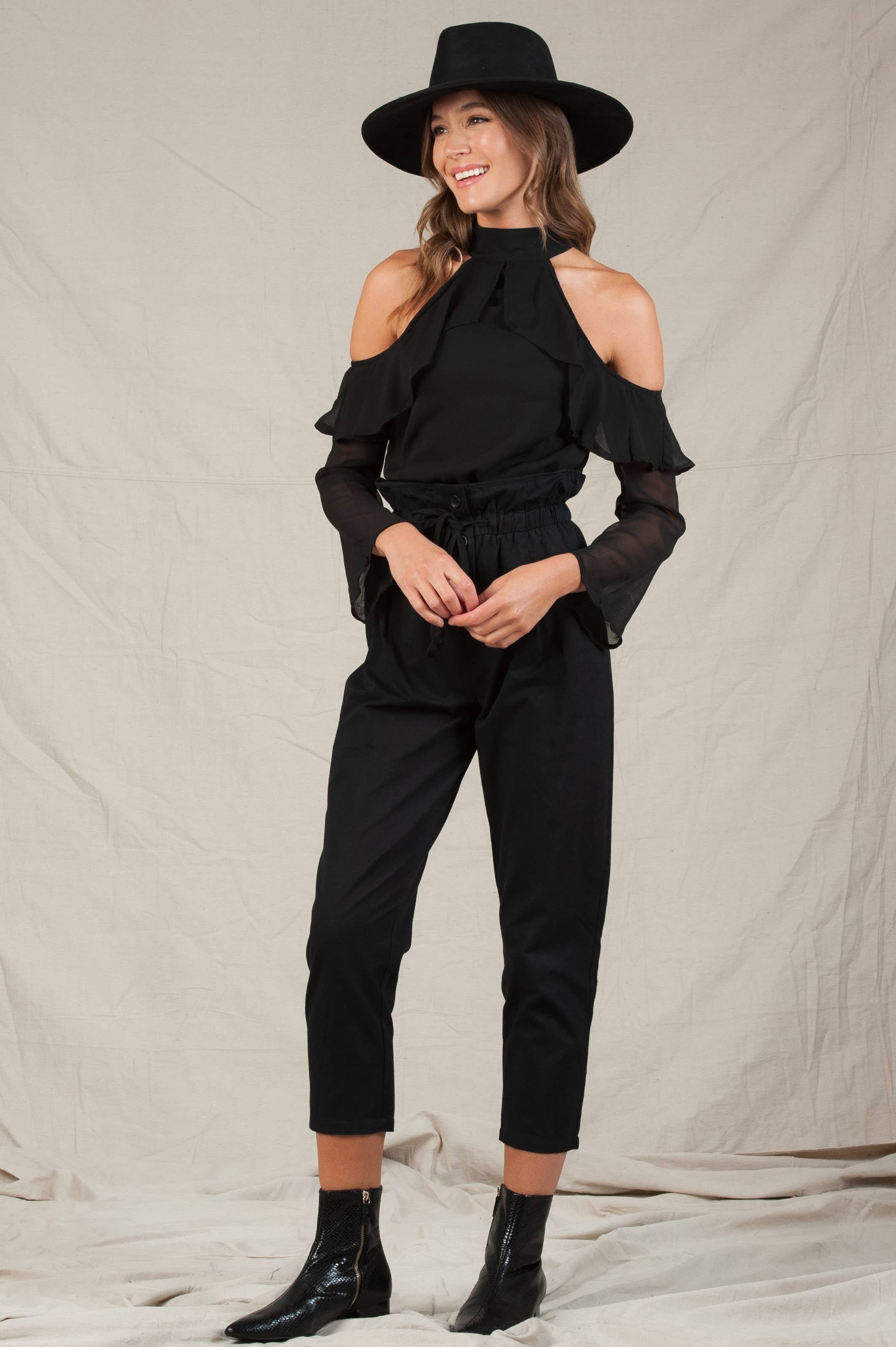 Lucca Couture – wholesale Blus - Dam – Höst Vintersemester Kall Axelvolangtopp -SVART1