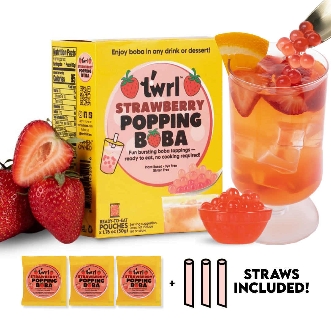 Twrl Milk Tea - Vente Préparation pour boisson - Pack de 3 perles de fraise éclatantes avec pailles1