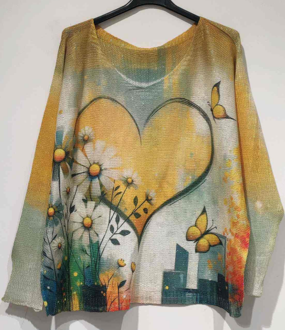 LOOWIE - Wholesale Knit Sweater - Women's -  POHY Yellow Heart Round Knit Printed Sweater LOOWIE     0