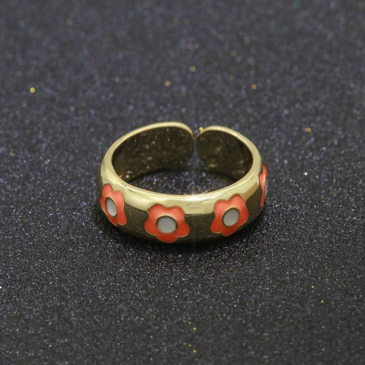 Aim Eternal – Anel de banda por atacado – Anel Ajustável Aberto com Margarida Dourada em Esmalte Joalharia Minimalista Empilhável Anel Midi S-021 ~ S-03021