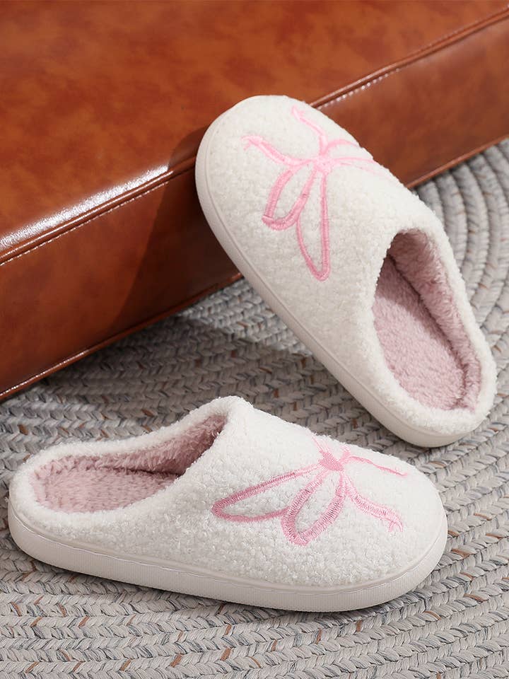 Pink Bow Winter Plush Fleece-Lined Thick Slippers ZK3922 for wholesale by UNISHE