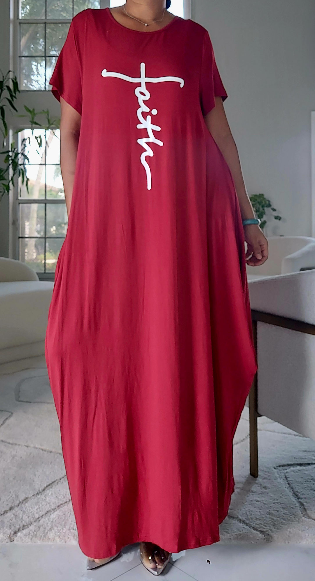 India Batik - Wholesale Dress - Women's - Faith Bubble  Jersey  Dress/Short Sleeve /Burgundy 2022SS4