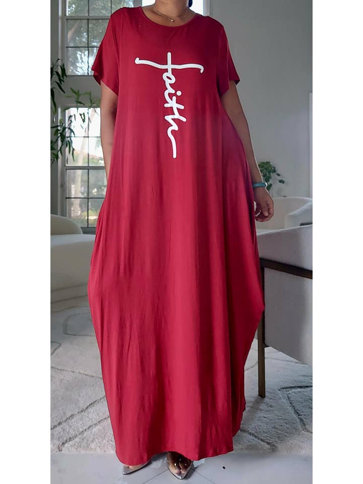 India Batik - Wholesale Dress - Women's - Faith Bubble Jersey Dress/Short Sleeve /Burgundy 2022SS4