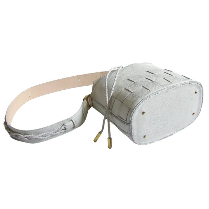 Fado Made Co. — Leather Goods - Wholesale Shoulder Bag - Women's - 'Woven Charm' Leather Drawstring Shoulder Bag2