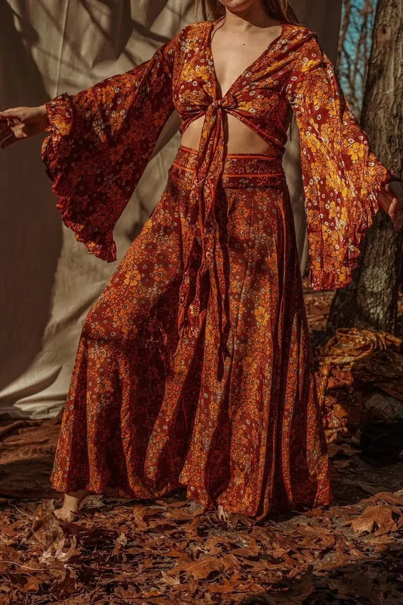 Bhawana Handicrafts - Wholesale Top & Pant Set (NOT Loungewear) - Women's - 5 Piece Lot, Hippie Boho 2 piece Top Pants Outfit Set Style8