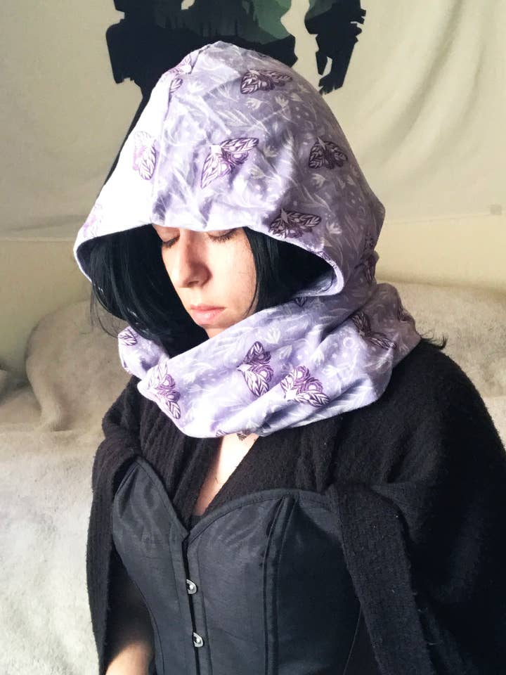 Flannel Cowl Infinity Scarf | Lavender Lunar Moth Hood for wholesale by Ragavon