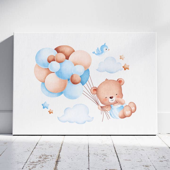 Cute Dreaming Bear with Blue Balloons - Framed Canvas Wall Art Print for wholesale by House Prints