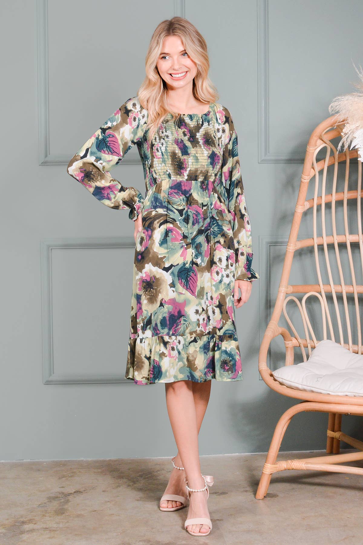 Loven x Mini Momo - Wholesale Dress - Women's - Ruffle Hem Long Sleeve Dress Floral Multi Mommy & Me Matched8