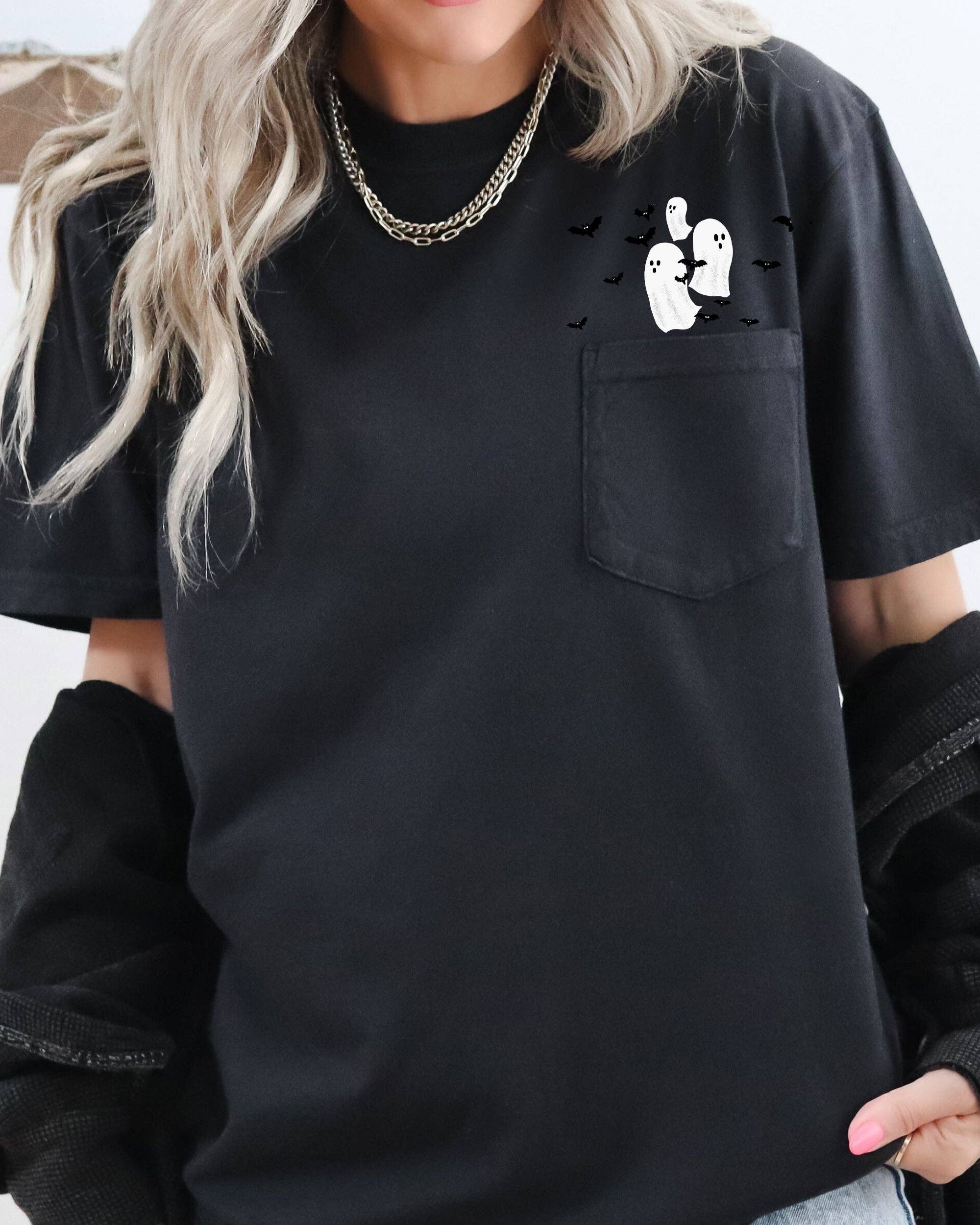 Refinery Number One LLC - Wholesale Screen Printed T-Shirt - Women's - Flying Ghosts and Bats, Halloween Pocket Tee2