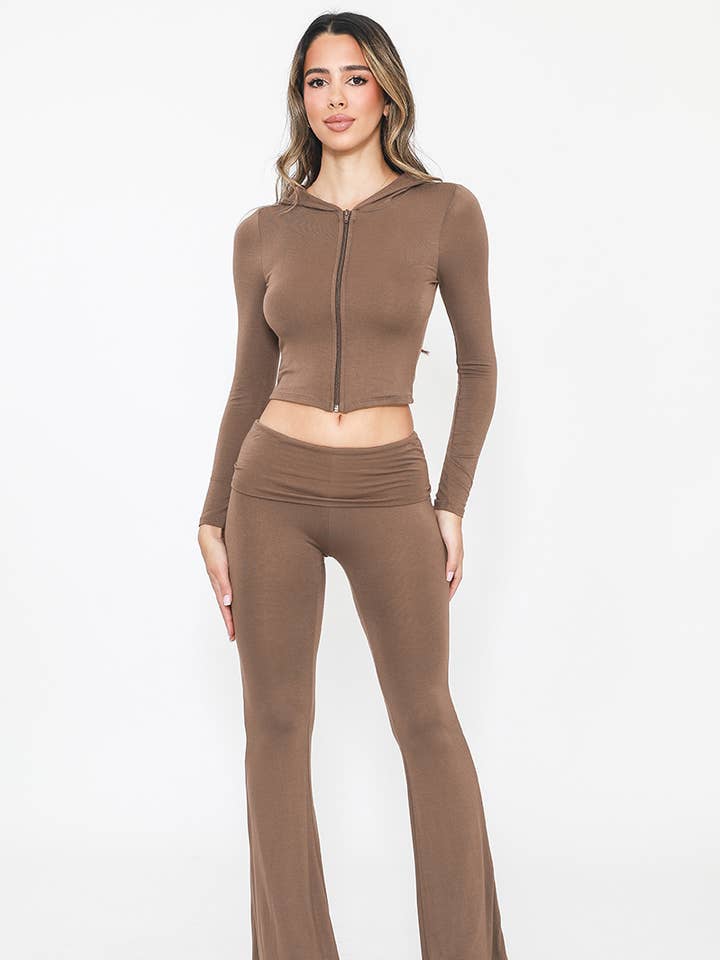 ZIP HÆTTETRØJE TOP & FLARE BUKSER, FOLD-OVER TALJE-ST3646A for engroshandel hos LA LUXE