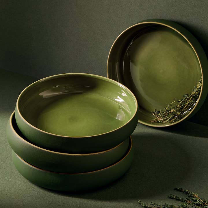 GHARYAN Stoneware & Olive Wood Tableware | Ships from USA - Wholesale Salad Plate - Handmade Stoneware Pasta/Salad Plate | Edan 7.9"14