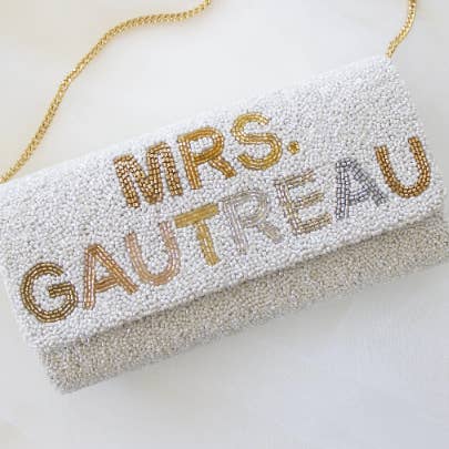 MRS. (LAST NAME) Half Barrel Custom Beaded Clutch Bag, FOG for wholesale by GiftsbyPR