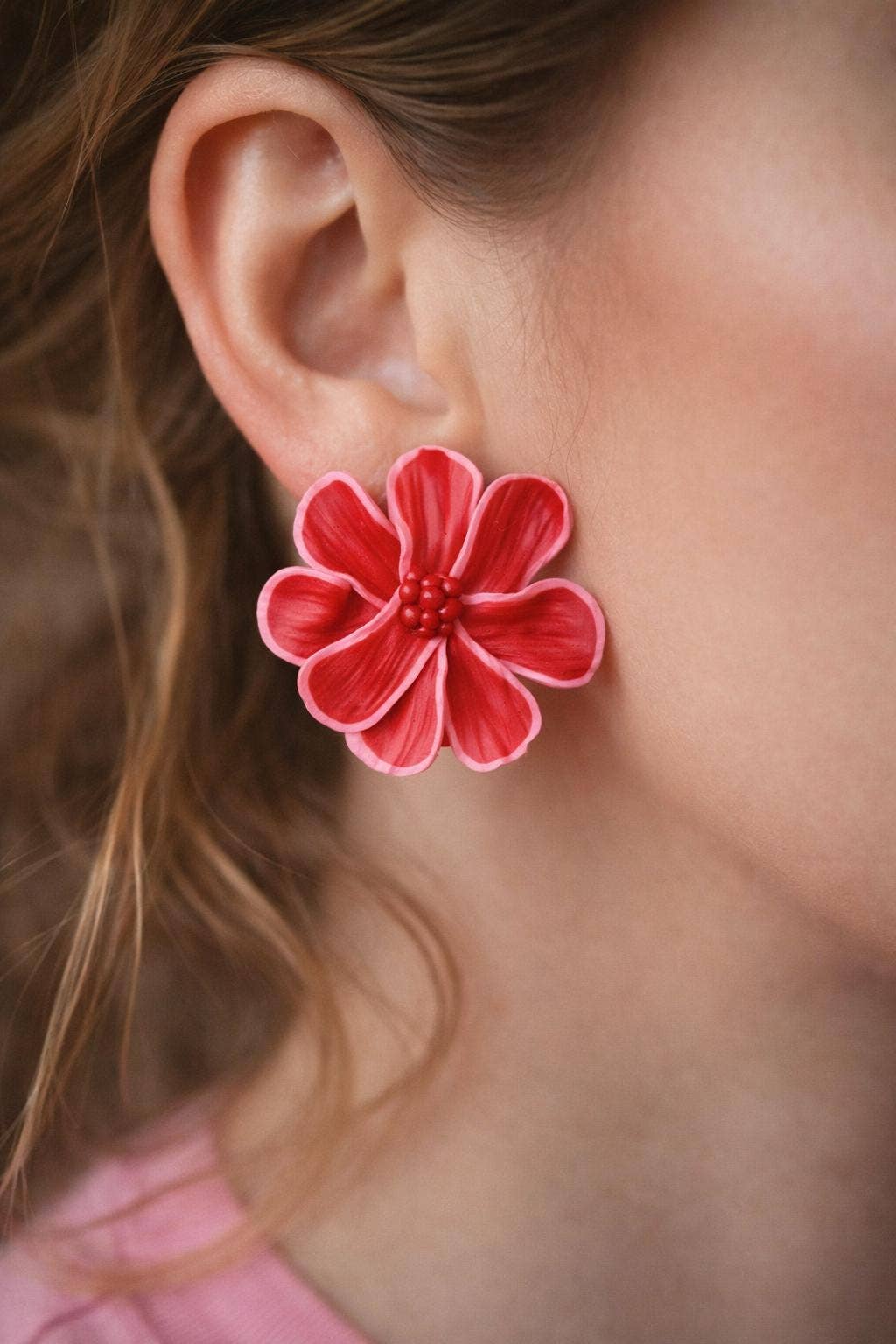 Studio Niani - Wholesale Dangle Earrings - Red Flower Earrings, Statement Clay Earrings, Polymer Clay