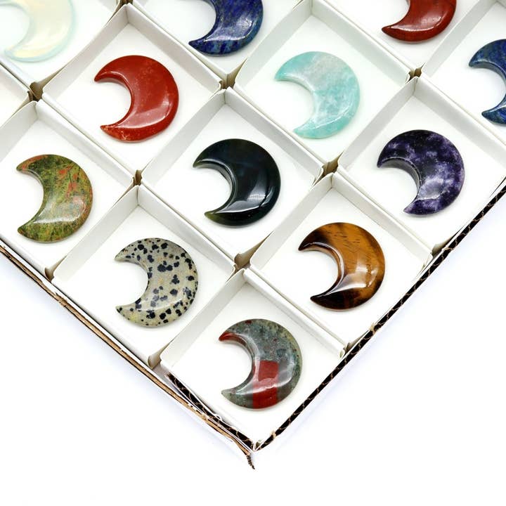 54 Piece Flat - Assorted Gemstone Moons for wholesale by Crystal River Gems LLC