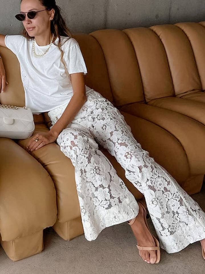 WHITE CWBLP1938_JACQUARD LACE FLORAL HOLLOW FLARE PANTS for wholesale on Faire1