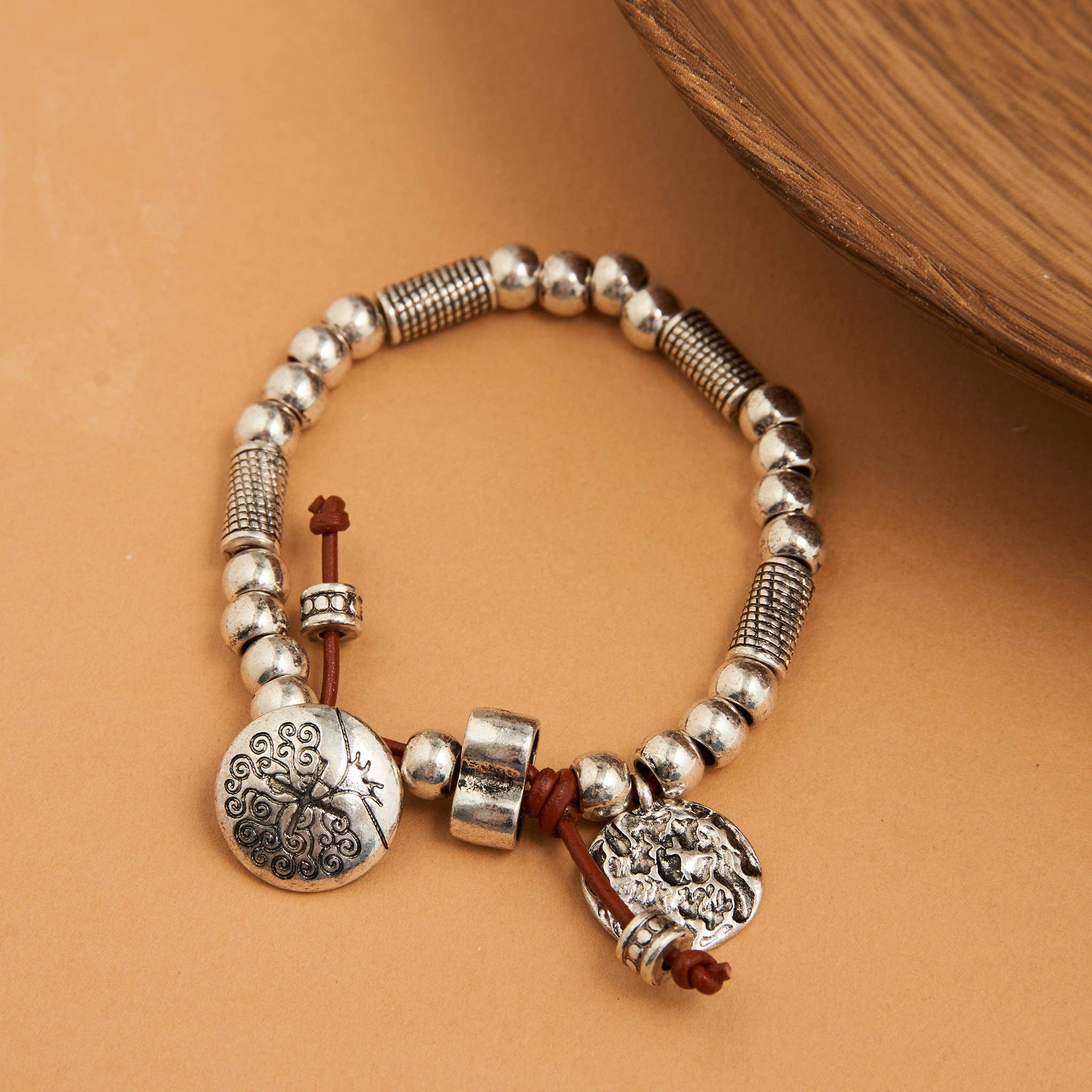 Elsie & Zoey - Wholesale Charm/Dangle Bracelet - Bolo Bracelet Remie Silver Beaded Charm + Genuine Leather