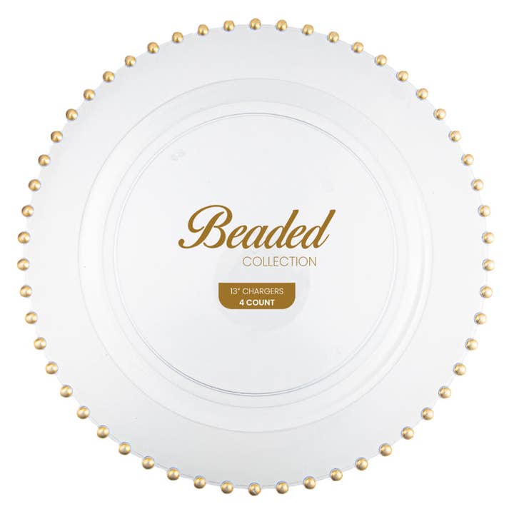 Clear & Gold Beaded Rim Plastic Charger Plates (4 Count) for wholesale by Posh Setting