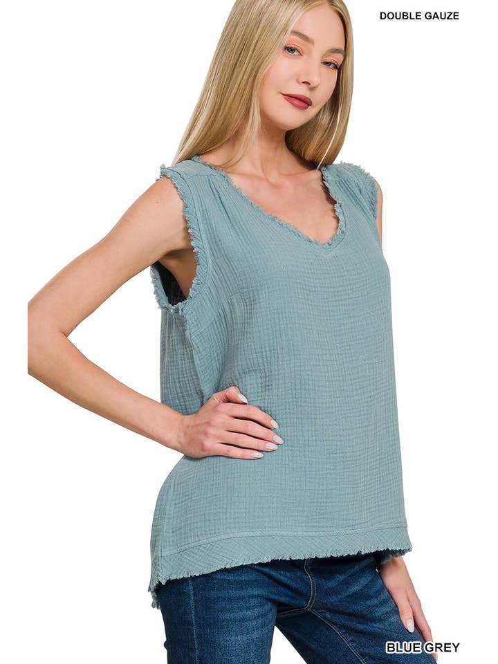 Vanilla Monkey - Wholesale Tank Top - Women's - Double Gauze Raw Edge V-neck Tank Top