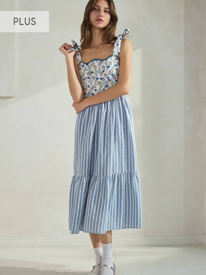 Plus Floral Print & Stripe Gemischtes Midikleid für den Großhandel von Oddi