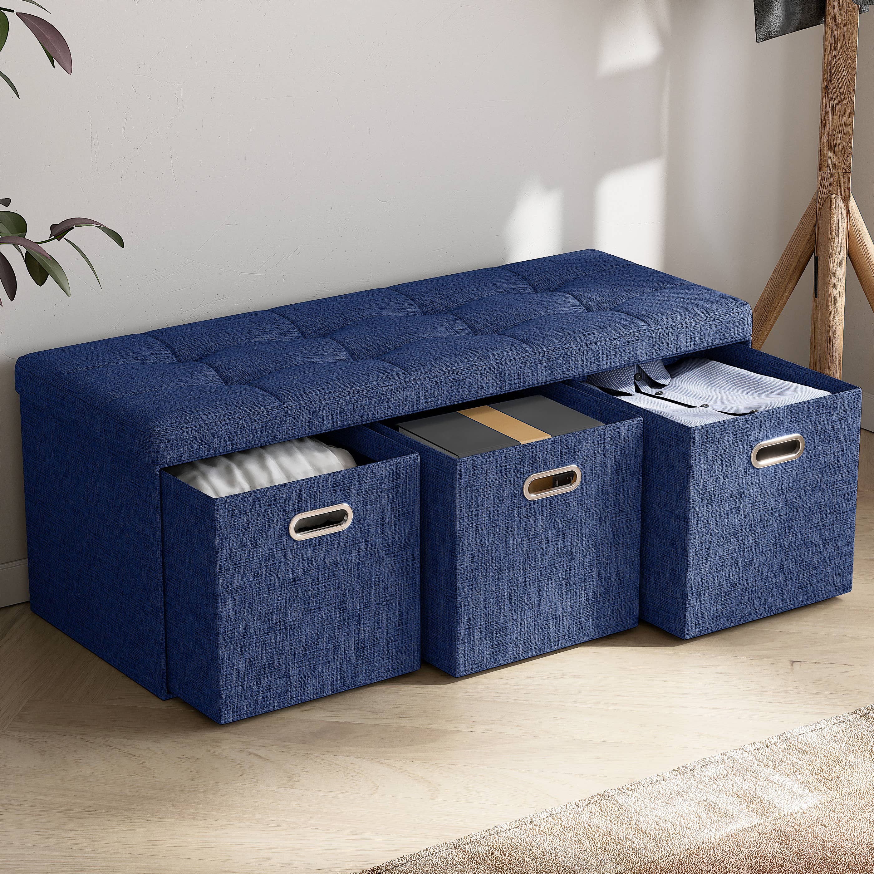 Ornavo Home – wholesale Ottoman – Foldable Tufted Linen Bench Storage Ottoman with 3 Drawers7