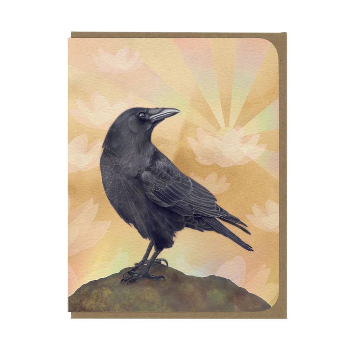 Crow with Lotus Flowers and Rainbows - Blank Card for wholesale by Amy Rose Moore Illustration
