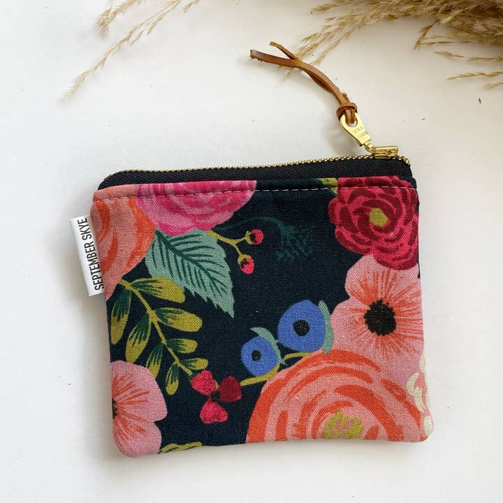 Small square pouch in rifle paper Juliet rose in navy for wholesale by September Skye Bags & Accessories