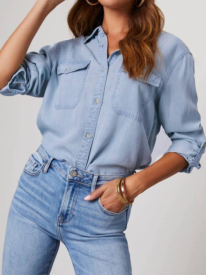 HIDDENBRAND - Wholesale Button Down Shirt - Women's - Lapel Single-Breasted Long-Sleeved Denim Shirt2