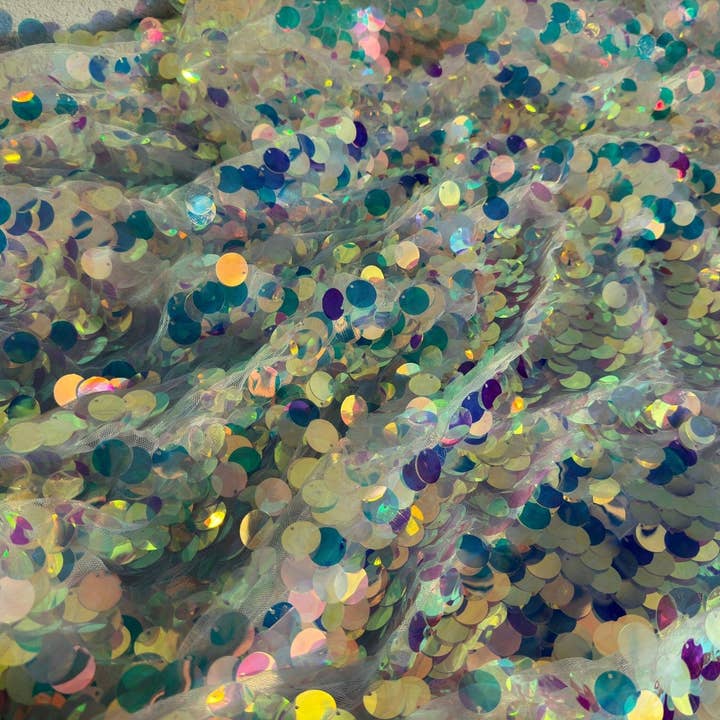 GalaTextile - Wholesale Fabric - Iridescent Coin Sequin on White Mesh Fabric by Yard Jumbo Paillette Sequins on Mesh Material for Event Decoration, Backdrops, Bridal Fabric2